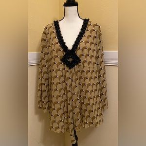 DG2 Tunic; Large; Colors of Cream, Brown, Olive Green adorn w/ Black Beads; NWOT